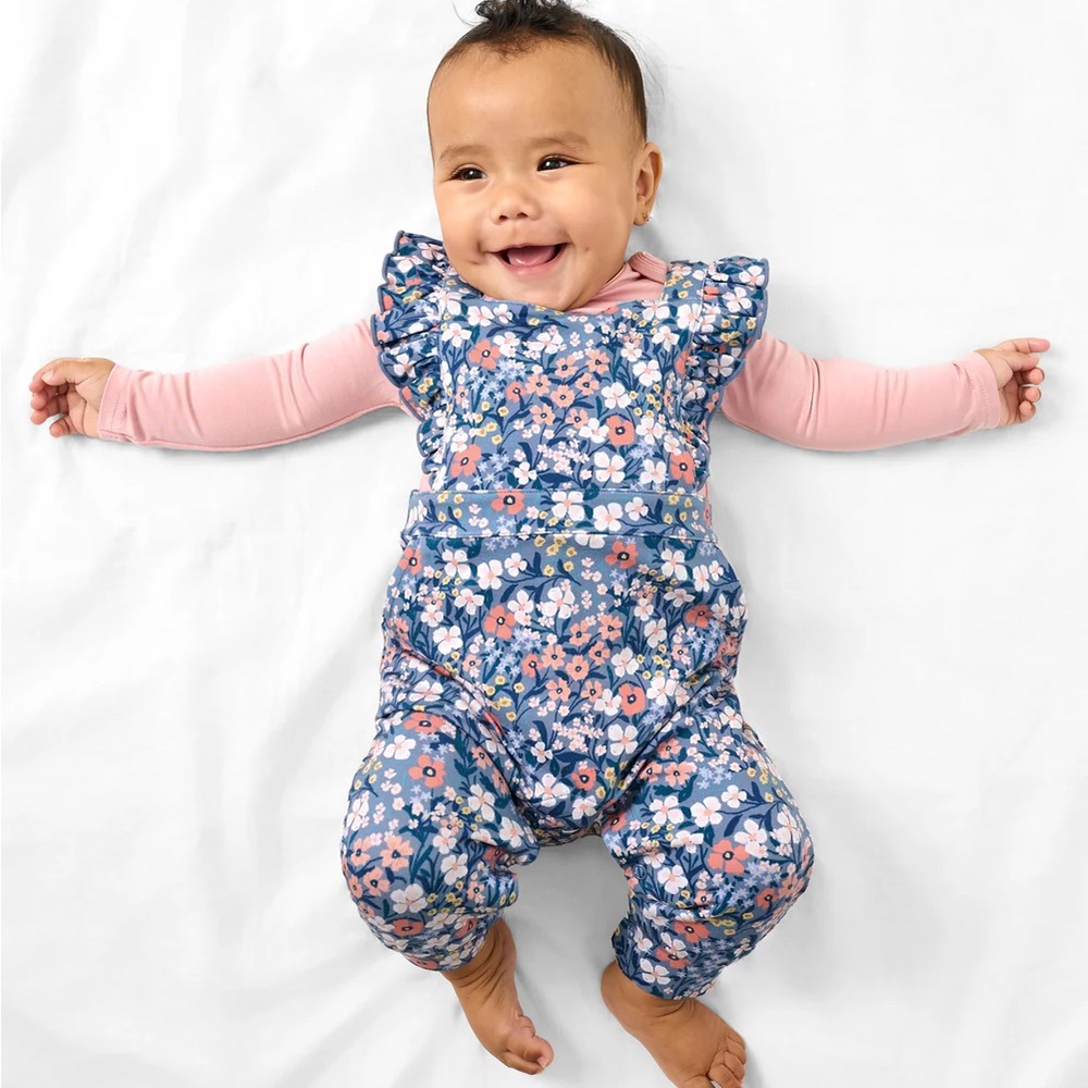 Little Sleepies Blue Floral Ruffle Romper with Matching Bow Headband